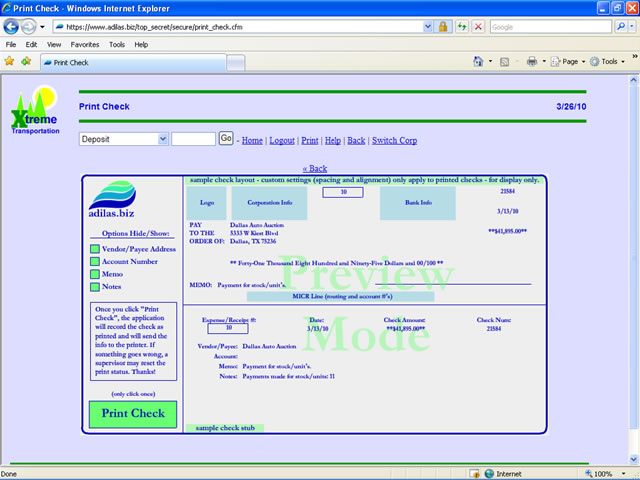 Screenshot of the adilas.biz check writing application.