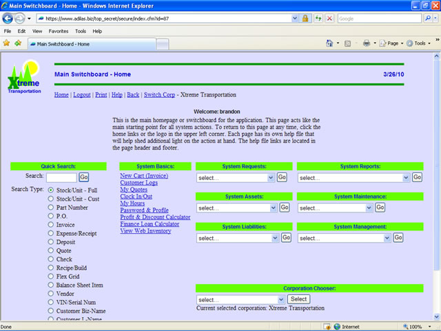 Screenshot of the main adilas.biz switchboard or homepage.