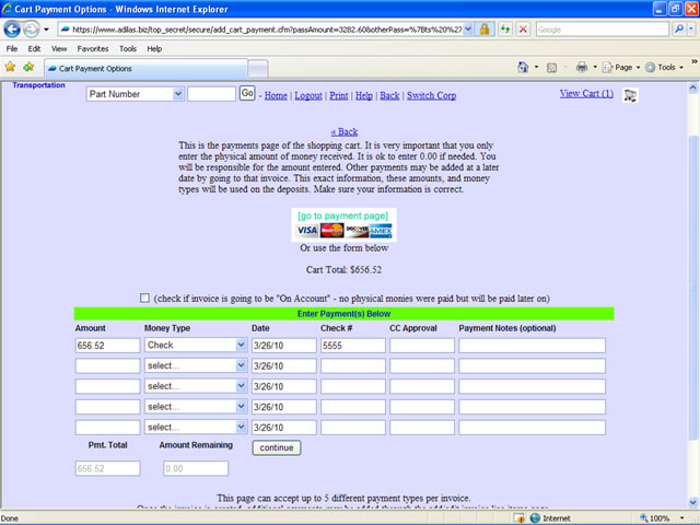 Screenshot of the checkout process and payment options for a shopping cart.