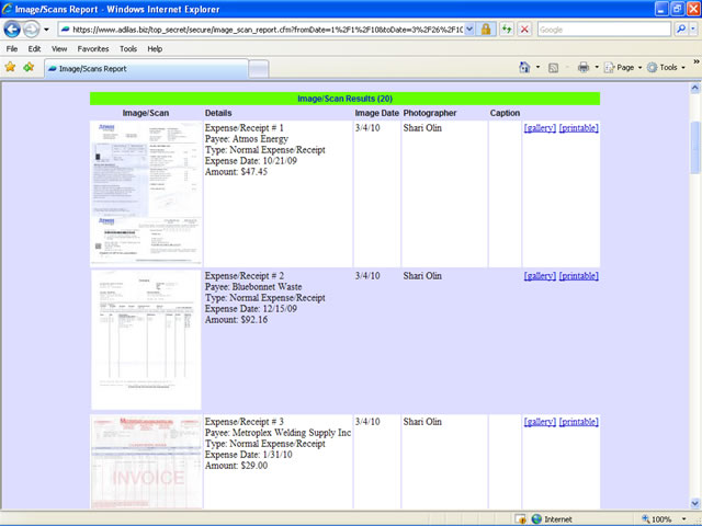 Screenshot of the expense/receipt images that have been scanned and uploaded to the server.