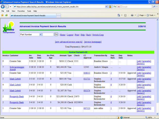 Screenshot of a report for invoice payments and whether or not they have been deposited yet.