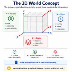 Graphic made by ChatGPT based off of input data from a chat session. The 3D world concept for visualizing business processes and system interactions. The three main dimensions are: X=time, Y=money/resources, and Z=space/data depth.