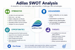Graphic made by ChatGPT based off of input data from a chat session. Adilas SWOT analysis - a snapshot of some key strengths, weaknesses, opportunities, and threats.