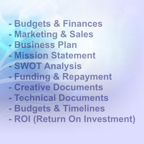 Budgets, Finances, Marketing, and Sales - Other Business Plans - Mission Statement, SWOT Analysis, Funding & Repayment, Creative Documents, Technical Documents, Budgets & Timelines, ROI (Return On Investment)