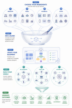 Graphic made by ChatGPT based off of input data from a chat session. This graphic shows the five phases of world building. 1. Choose your ingredients, 2. Mix and blend, 3. Create your blueprint, 4. Build your world, and 5. Generate outcomes.