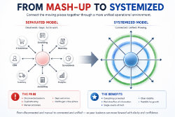 Graphic made by ChatGPT based off of input data from a chat session. From mash-up to systemized concept shows how adilas transforms disconnected data and processes into a cohesive and organized system. There is pain in a separated model. Huge benefits in a systemized model. Get rid of gaps, dead ends, duplicate entries, and disconnected systems.