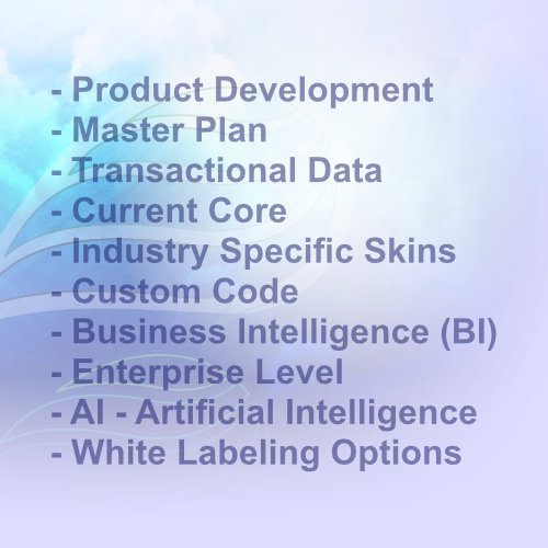 Product Development - Value Add-On Core - Master Plan, Transactional Data, Current Core, Industry Specific Skins, Custom Code, Business Intelligence (BI), Enterprise Level, AI - Artificial Intelligence, White Labeling Options