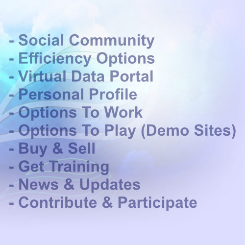 Social and Efficiency Options - Adilas Cafe & Community - Social Community, Efficiency Options, Virtual Data Portal, Personal Profile, Options To Work, Options To Play (Demo Sites), Buy & Sell, Get Training, News & Updates, Contribute & Participate