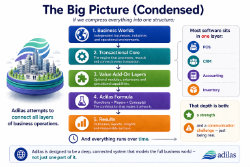 Graphic made by ChatGPT based off of input data from a chat session. The big picture concept, but condensed. It shows how all the pieces fit together in the adilas ecosystem. This one is version 1 of the condensed model. Worlds, transactional cores, value add-on layers, the adilas formula, and results.