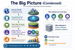 Graphic made by ChatGPT based off of input data from a chat session. The big picture concept, but condensed. It shows how all the pieces fit together in the adilas ecosystem. This one is version 2 of the condensed model. Business worlds, transactional cores, value add-on layers, the adilas formula, and results. Run everything over time, through the system.