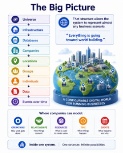 Graphic made by ChatGPT based off of input data from a chat session. The big picture concept shows how all the pieces fit together in the adilas ecosystem. From the universe level, infrastructure, databases, companies, locations, groups, individuals, data, and events over time.