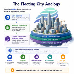 Graphic made by ChatGPT based off of input data from a chat session. The floating city analogy shows how adilas envisions various business verticals being built on top of the core adilas platform. Part of the world building concepts.