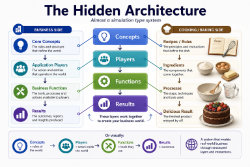 Graphic made by ChatGPT based off of input data from a chat session. The hidden architecture concept shows the underlying structure of the adilas ecosystem. Mixing and blending concepts, players, and functions to get results and outcomes.