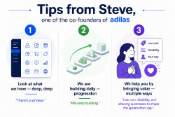 Graphic made by ChatGPT based off of input data from a chat session. Three tips from Steve. 1. Look at what we have. 2. We keep building daily. and 3. We bring value.