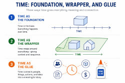 Graphic made by ChatGPT based off of input data from a chat session. Simplified graphic showing times as a foundation, a wrapper, and time glue for the data. Time supports, wraps, and connects everything.