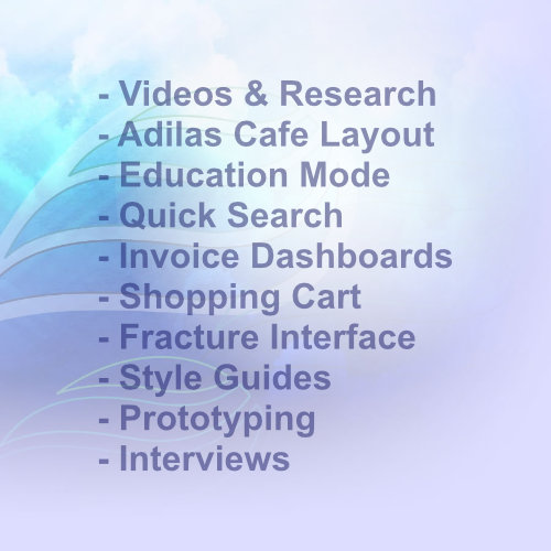 Adilas Lite - Videos & Research - Adilas Cafe Layout, Education Mode, Quick Search, Invoice Dashboards, Shopping Cart, Fracture Interface Demos, Style Guides, Prototyping, Interviews, AI Assets