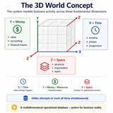 click to enlarge - photo by: Brandon Moore - Graphic made by ChatGPT based off of input data from a chat session. The 3D world concept for visualizing business processes and system interactions. The three main dimensions are: X=time, Y=money/resources, and Z=space/data depth.
