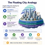 click to enlarge - photo by: Brandon Moore - Graphic made by ChatGPT based off of input data from a chat session. The floating city analogy shows how adilas envisions various business verticals being built on top of the core adilas platform. Part of the world building concepts.
