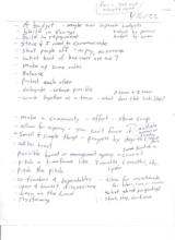 click to enlarge - photo by: Brandon Moore - Hand written list - from a 3x5 card - enlarged and copied on to a 8 1/2 x 11 sheet of paper. List of ideas.