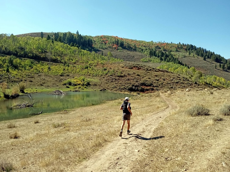 click to enlarge - photo by: Brandon Moore - Heading towards Temple Fork aid station. Passing a huge beaver pond before connecting to the road for about a mile to get to the Temple Fork aid station.