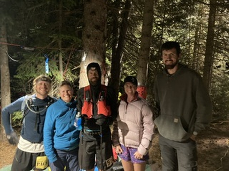 click to enlarge - photo by: Bear 100 Runner Support - This is Josh ready to head back out from Tony Grove aid station. He had an hour nap in the warming tent and it was a good reset. This is his support team- Mark, Jen, Josh, Heather, and Brad.
